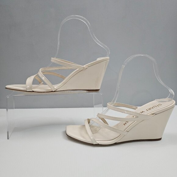 Stuart Weitzman Strapeze 85 Wedge Womens 10 Ivory Leather Strappy Sandal Slide - Picture 2 of 11